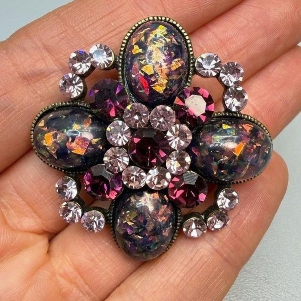 Purple‎ Pink Confetti Glass Rhinestone Floral Brooch Foiled Statement